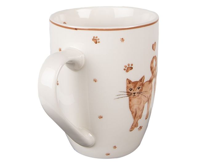 6 darabos, fehér és barna porcelán bögre macska mintával, 12x8x10 cm, 350 ml