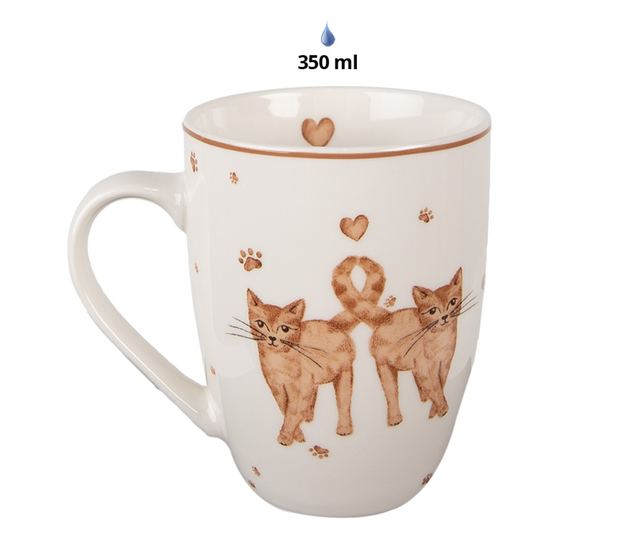 6 darabos, fehér és barna porcelán bögre macska mintával, 12x8x10 cm, 350 ml
