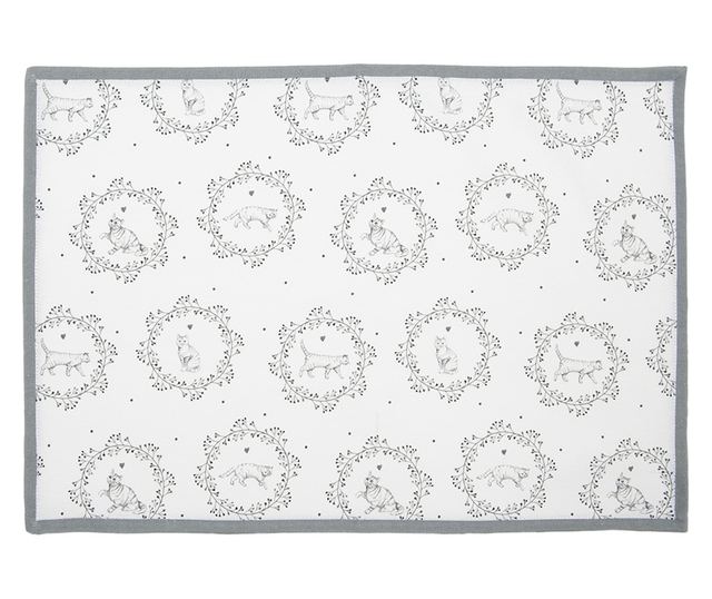 6 darabos, fehér és szürke macskás pamut teríték szett, 48x33 cm