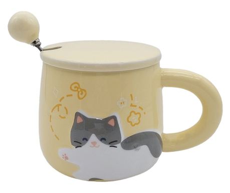 Bögre kerámia tetővel és Pufo Happy Kitty kanál kávéhoz vagy teához, 350 ml, sárga