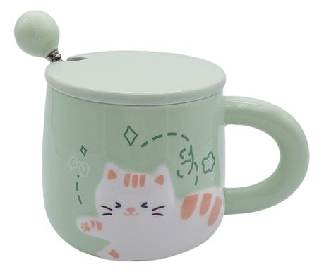 Bögre kerámia tetővel és Pufo Happy Kitty kanál kávéhoz vagy teához, 350 ml, zöld