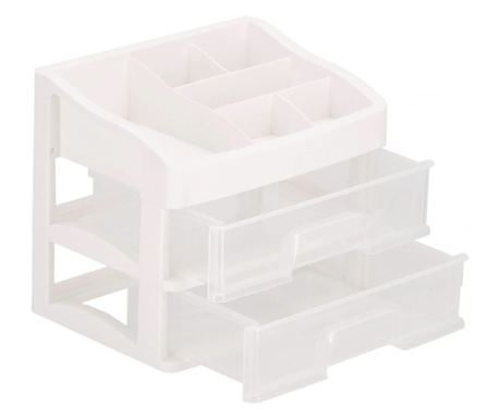Organizator za kozmetiko, plastika, 3 police, 2 predala, bela, 30x25x34 cm, Springos