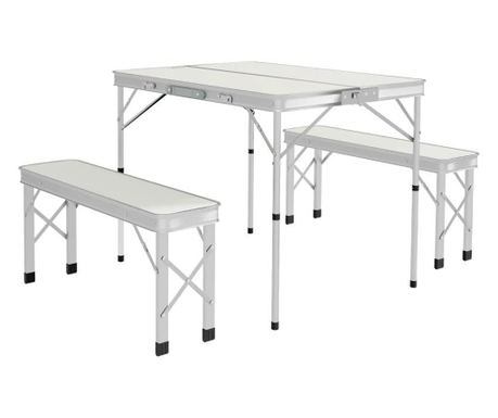 Komplet vrtnega/kamping pohištva, zložljiv, 1 miza, 2 klopi, MDF in aluminij, bela, 90 cm, Frankfurt