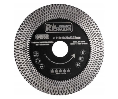 Diamantna turbo rezalna plošča, dvojno segmentirana, za keramične ploščice, mokro in suho rezanje, 115 mm/22,23 mm, Richmann Exc