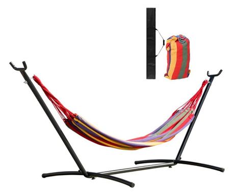 Bombažna viseča mreža z jeklenim stojalom in prevleko, večbarvne črte, 200x150 cm