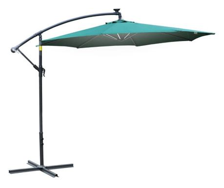 Vrtni/Patio senčnik s solarnim panelom, LED osvetlitvijo, banana stil, ročica, zelen, 295 cm