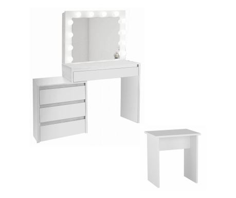 Toaletni/šminkerski stol + stolica, bijela, sa zrcalom i LED svjetlima, 115x43x145 cm