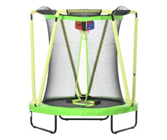 Trampolin za djecu 3-10 godina, 140x155 cm, sa sigurnosnom mrežom, košarkaškim košem, 20 šarenih loptica, zelene i žute boje, ma