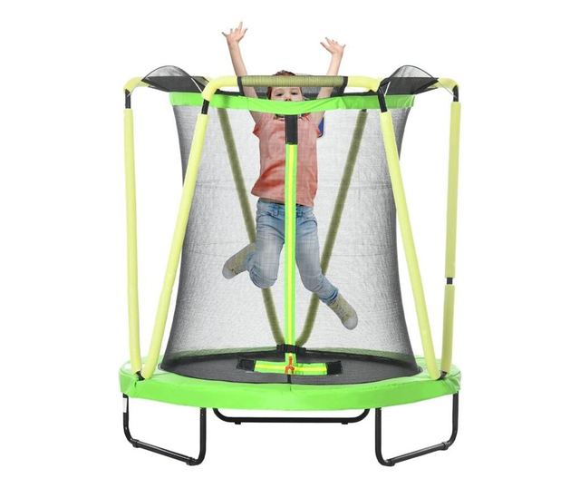 Trampolin za djecu 3-10 godina, 140x155 cm, sa sigurnosnom mrežom, košarkaškim košem, 20 šarenih loptica, zelene i žute boje, ma