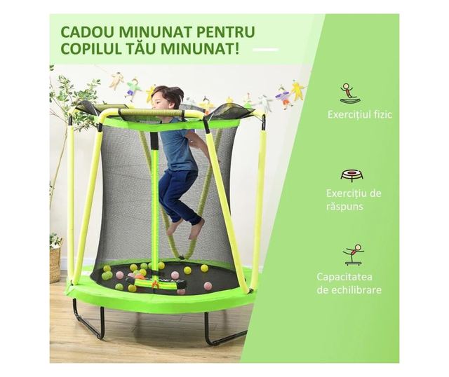 Trampolin za djecu 3-10 godina, 140x155 cm, sa sigurnosnom mrežom, košarkaškim košem, 20 šarenih loptica, zelene i žute boje, ma