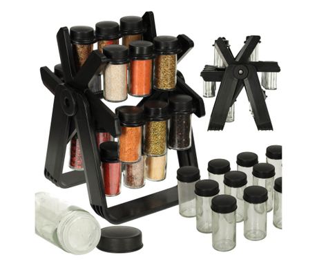 Fűszerrendező 18 tárolóval, forgatható támasztékkal a konyhába, fekete színben