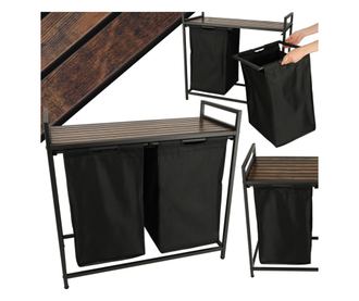 Голям кош за пране с две отделения, с рафт и дървен плот, модел LOFT, цвят черен