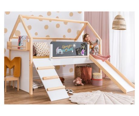 Dětská postel domeček GINGER HOME, Montessori, patrová postel, skluzavka, tabule, rám postele 90x200 cm