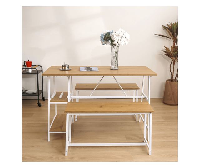 Σετ Τραπεζαρίας 1+2 Δρυς Λευκό Zafar 120x60x75 cm, 85x30x45 cm