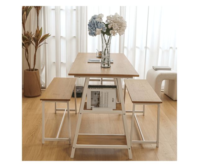 Σετ Τραπεζαρίας 1+2 Δρυς Λευκό Zafar 120x60x75 cm, 85x30x45 cm