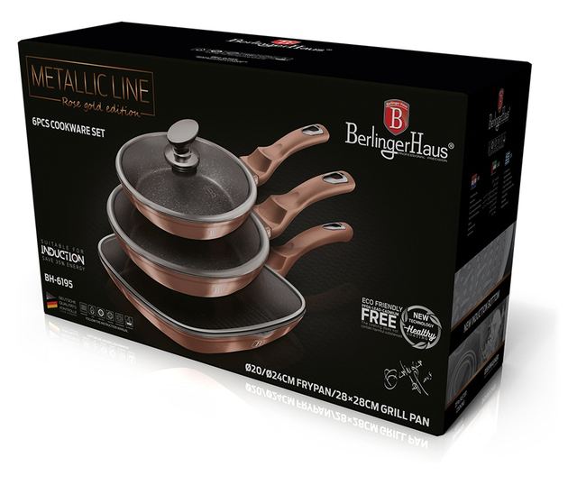 Σετ 3 μαρμάρινες τηγάνια με καπάκι Rose Gold Berlinger Haus BH 6195