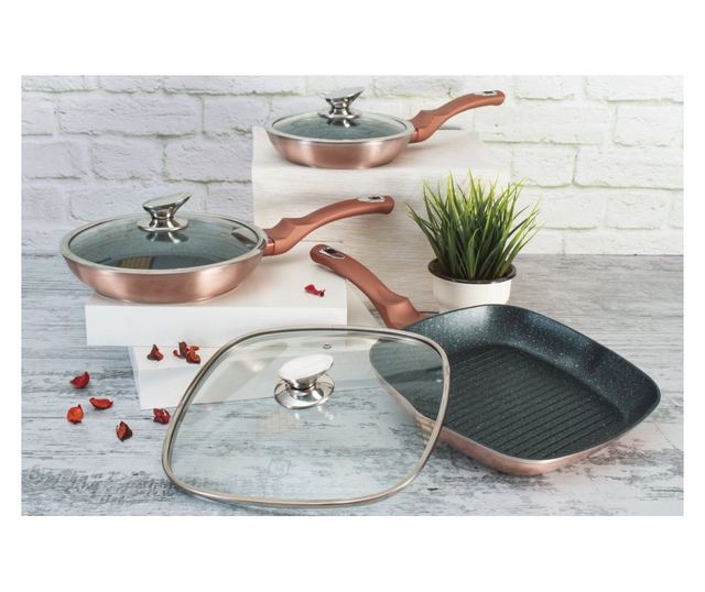 Σετ 3 μαρμάρινες τηγάνια με καπάκι Rose Gold Berlinger Haus BH 6195