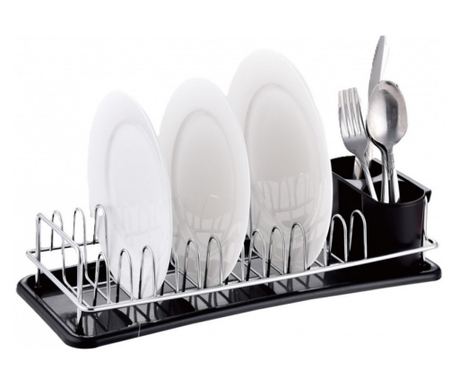 Rosberg R53000M Dish Rack, 41.5x17.5x9.5 cm, Removable Tray, Chrome/Black