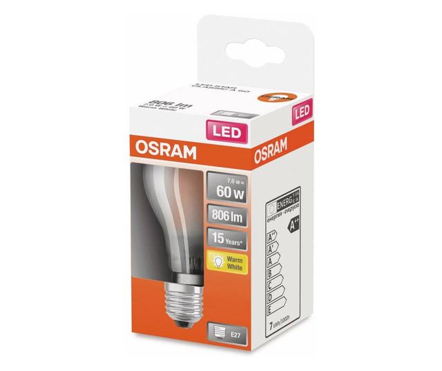 LED крушка, Osram, E27, A60, 6.5W = 60W, 806lm, 2700K, Топло бяло
