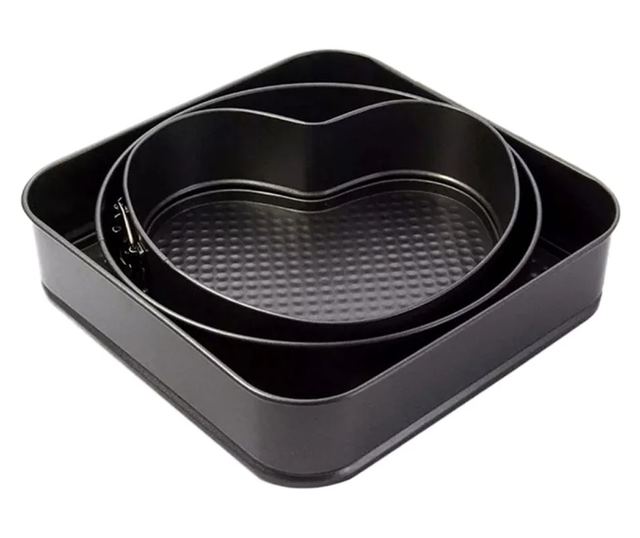 Set de 3 forme pentru copt, baza detasabila, inima, forma rotunda si patrata, Gonga® Negru