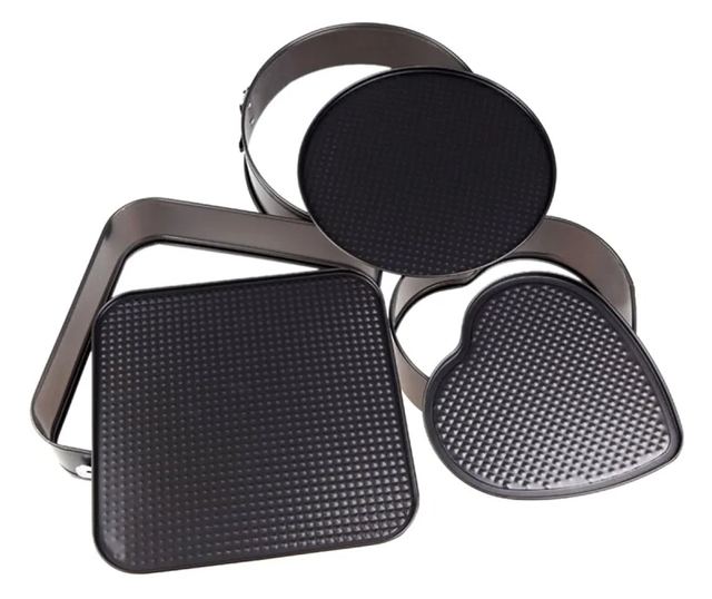 Set de 3 forme pentru copt, baza detasabila, inima, forma rotunda si patrata, Gonga® Negru