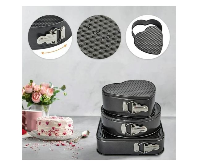 Set de 3 forme pentru copt, baza detasabila, inima, forma rotunda si patrata, Gonga® Negru