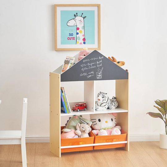 GINGER HOME gyerek szekrény, polc játékoknak és könyveknek, fekete írótáblával, kis ház, fa