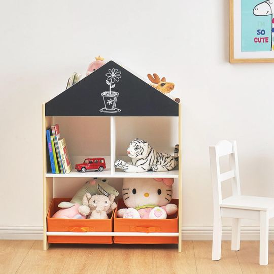 GINGER HOME gyerek szekrény, polc játékoknak és könyveknek, fekete írótáblával, kis ház, fa