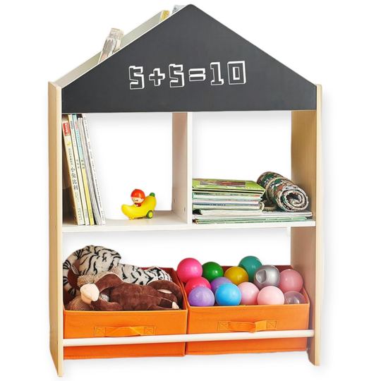GINGER HOME gyerek szekrény, polc játékoknak és könyveknek, fekete írótáblával, kis ház, fa