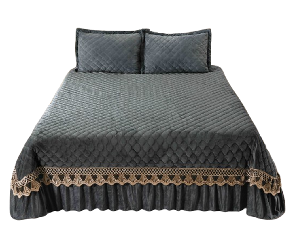Set cuvertura catifea 230x250cm 3 piese cu broderie, antracit