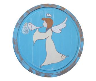 Decoratiune INGERAS din lemn , pictata manual, diametru 30 cm