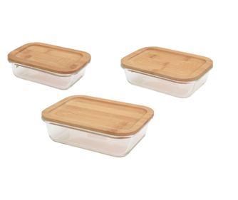 Set 3 caserole Excellent Houseware, sticla/bambus, maro