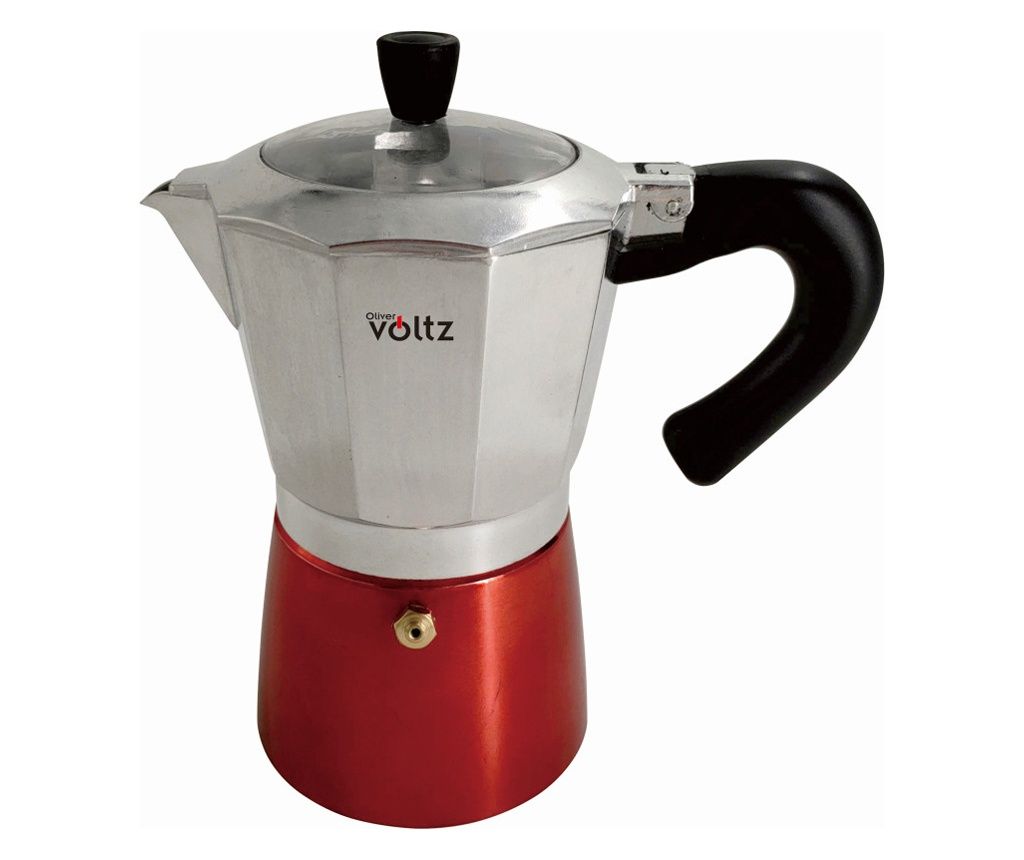 Aparat de cafea cubanez Oliver Voltz OV51173H6, pentru 6 căni, 300 ml, din aluminiu, oțel inoxidabil/roșu.