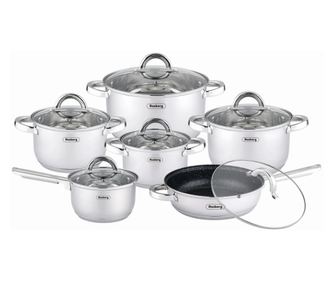 Комплект съдове за готвене Rosberg R51210L12, 12 части, Многослойно дъно, 2.0/6.5 литра, Индукция, Инокс