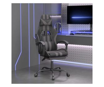 Herní židle s podnožkou, černá/šedá, ekokůže