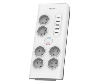 Мултимедиен удължител, Philips, 6 гнезда, 5 USB порта, Бял