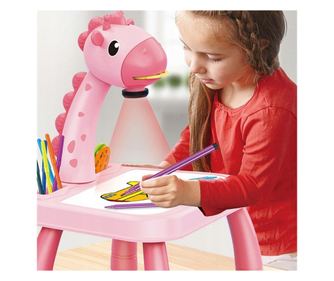 Masa Muzicala de Desen pentru copii cu Proiector, model Girafa, culoare Roz, 24 imagini, AVX-WT-222-2-PINK-GIRAFFE