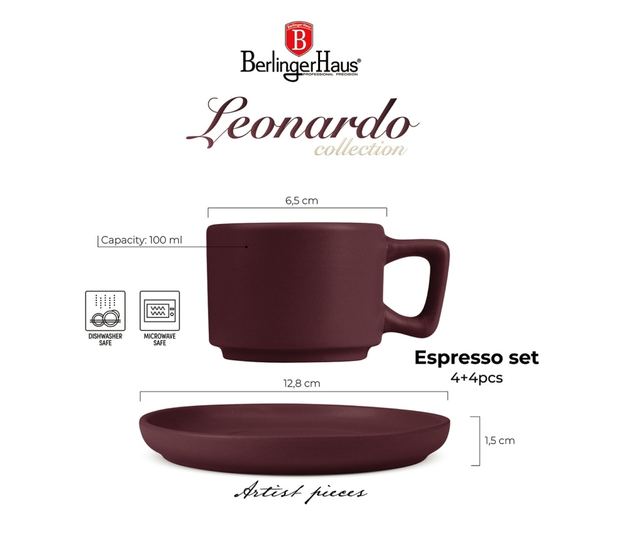 Set 4 cani cu farfurii Leonardo Berlinger Haus BH 10017, visiniu