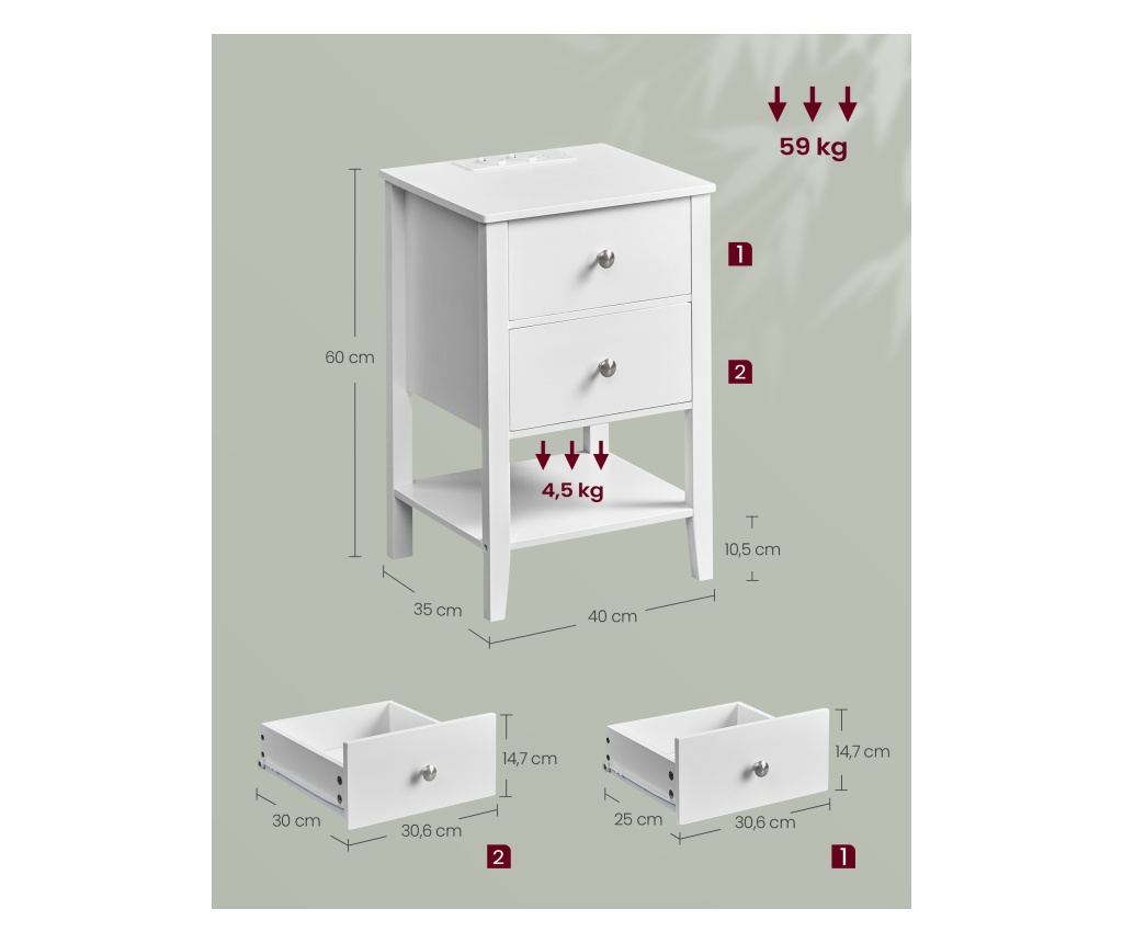 Noptieră, bambus, oțel, MDF, alb, 40x35x60 cm - 6