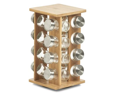 Sada 16 dóz na koření Zeller, sklo/kov/bambus, 18x18x30 cm, hnědá/stříbrná