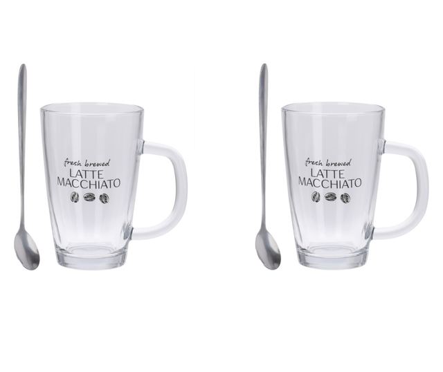 Set Latte Machiatto Excellent Houseware, sticla termorezistenta/otel inoxidabil, 7.8x12 cm, 300 ml, transparent/argintiu