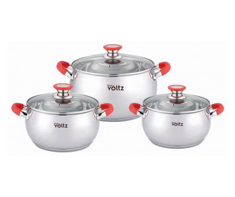 Комплект тенджери Oliver Voltz OV51210N6B, 6 части, Индукция, Силиконови дръжки, Инокс/Червен