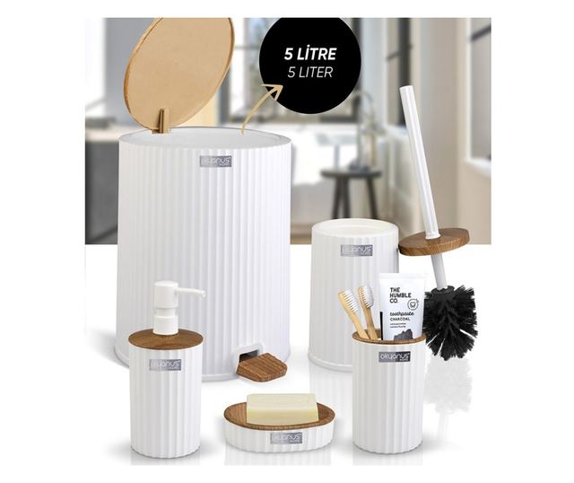 Комплект за баня Freehome OKY-450-3-B, 5 части, Бял райе/дървен