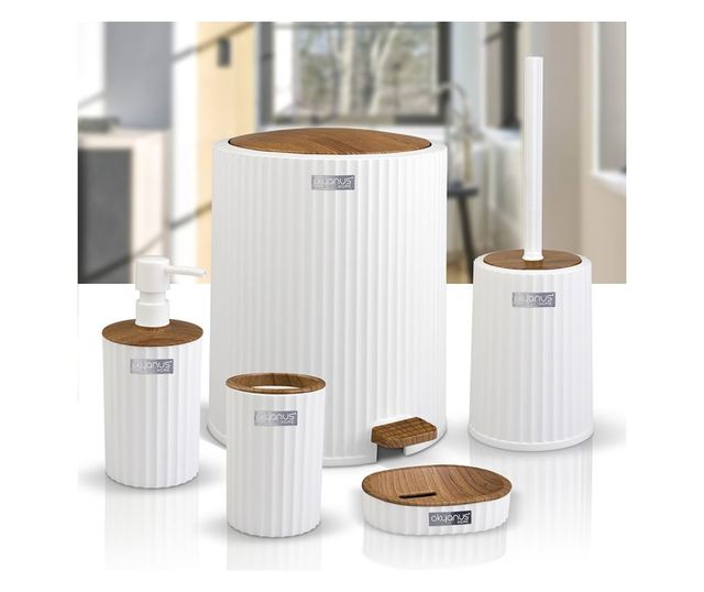 Комплект за баня Freehome OKY-450-3-B, 5 части, Бял райе/дървен