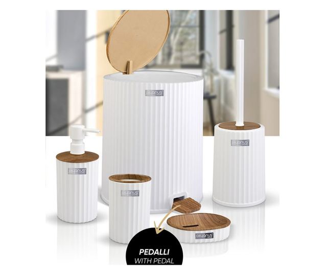 Комплект за баня Freehome OKY-450-3-B, 5 части, Бял райе/дървен