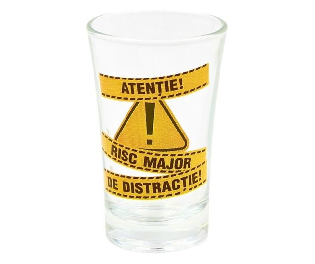 Pahar pentru shot, 7cm, cu mesajul Atenție! Risc major de distracție!