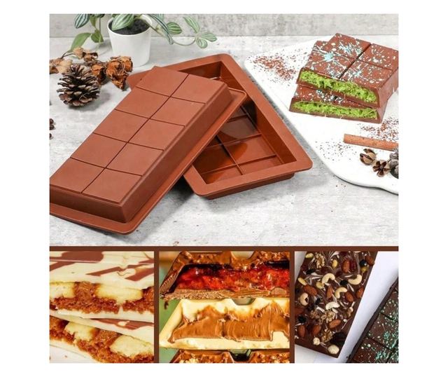 Forma Silicon Pentru Ciocolata Dubai MRG YH1160, 25x13.5 cm, Grosime 2 cm, 10 Alveole, Usor de Curatat, Silicon Alimentar, Maro