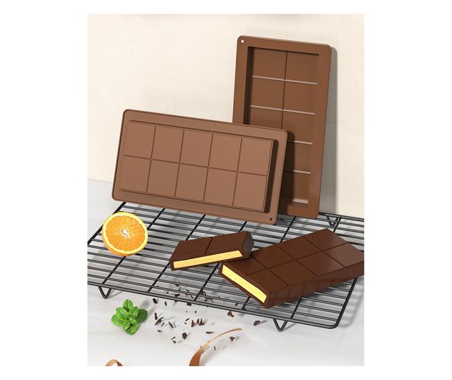 Forma Silicon Pentru Ciocolata Dubai MRG YH1160, 25x13.5 cm, Grosime 2 cm, 10 Alveole, Usor de Curatat, Silicon Alimentar, Maro