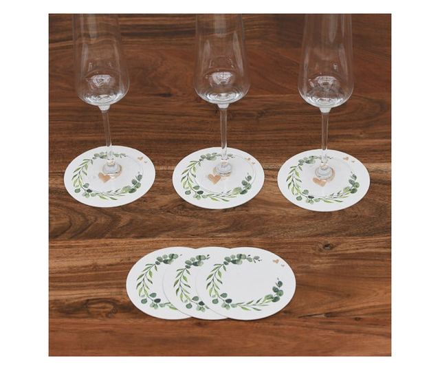 Coastere/suporturi din carton pentru pahare, halbe sau cesti / albe (imprimeu inimi) / diametru 10,7 cm / 100 buc
