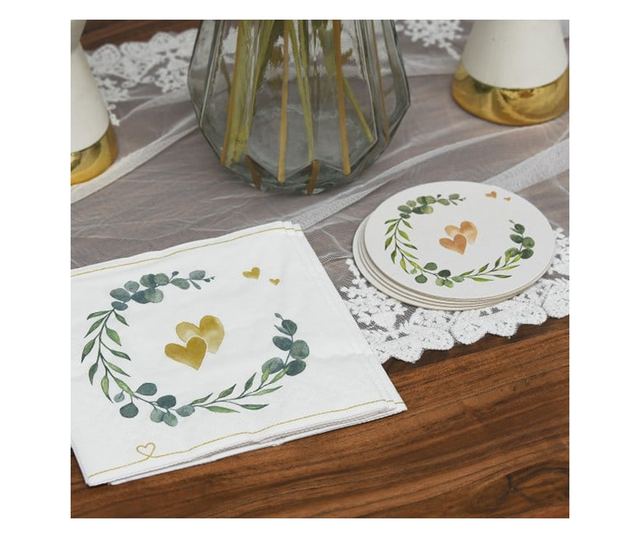 Coastere/suporturi din carton pentru pahare, halbe sau cesti / albe (imprimeu inimi) / diametru 10,7 cm / 100 buc